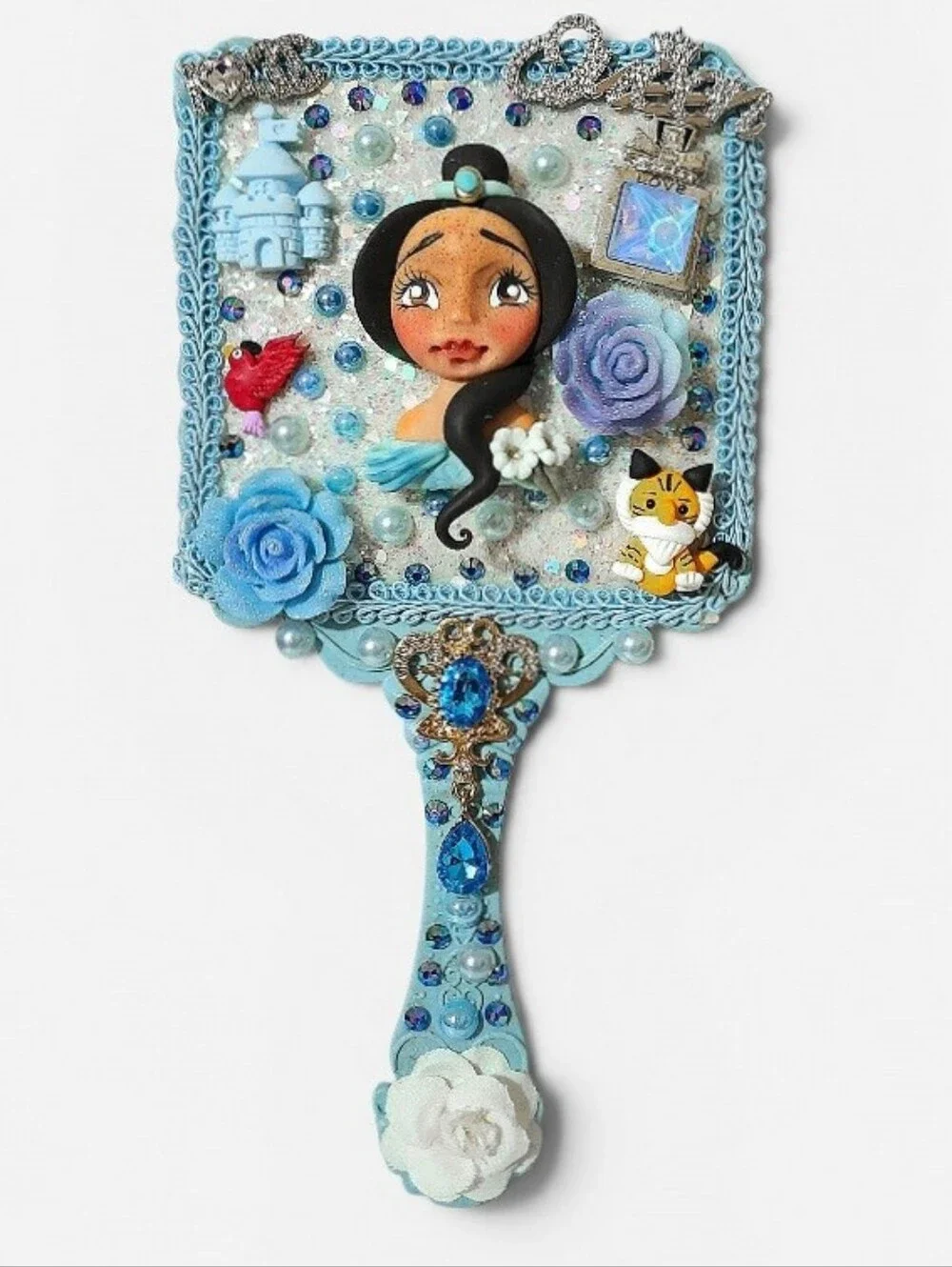 Princess Jasmin Handheld Beauty Makeup Mirror Clay Doll Embellished Fashion Blue